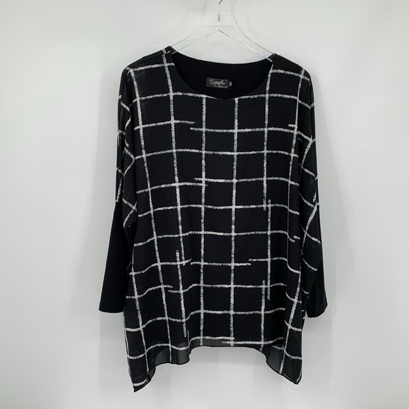 Sympli Cross hatch tunic blouse shirt top black white check chiffon floaty 10 M - Picture 2 of 6